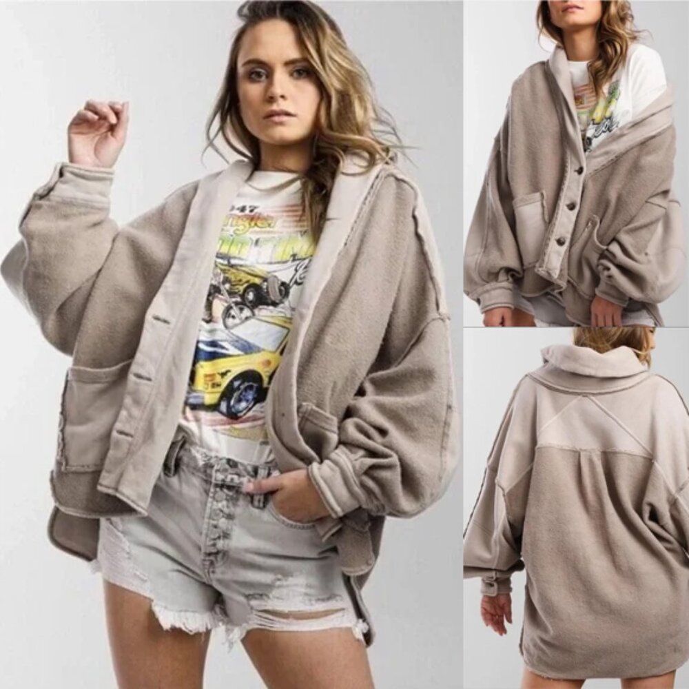 Free People Jordan Reverse Fleece Jacket M Shacket Oversize Mushroom Taupe Grey